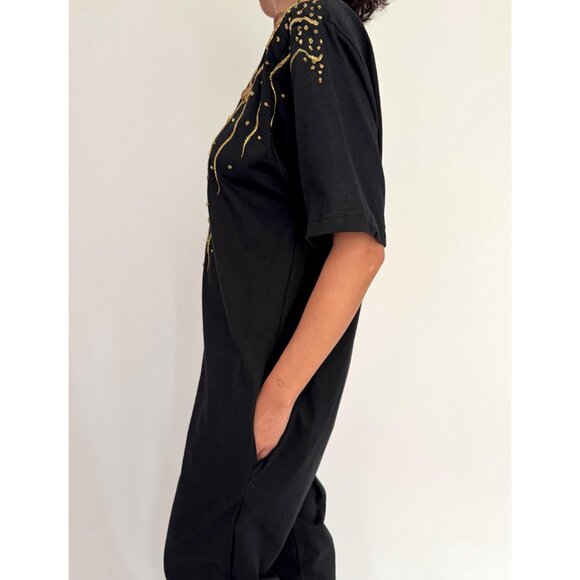 80s black embellished hand painted glitter seashell cotton pant jumpsuit romper - Picture 6 of 10